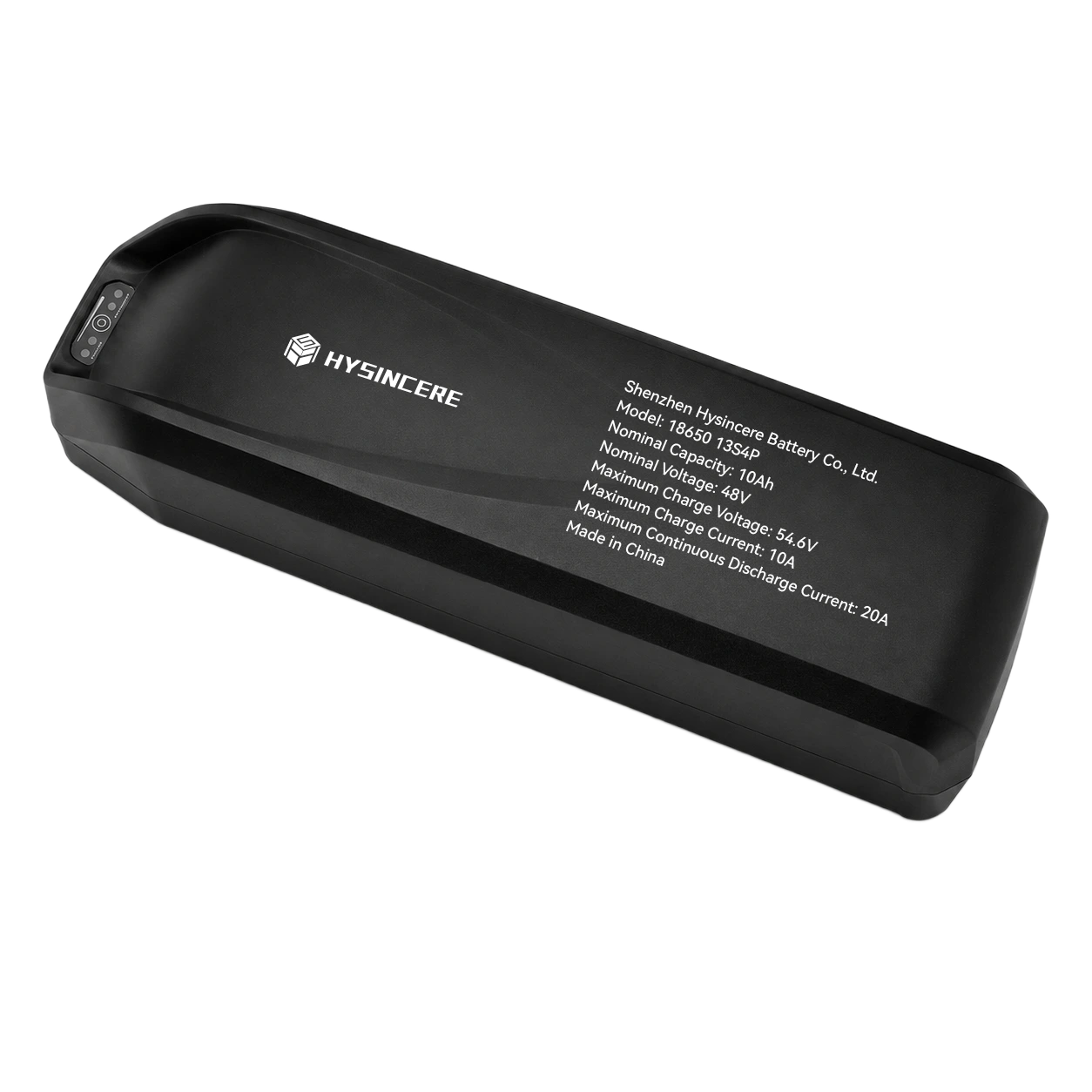 Hysincere 18650 13S4P 10Ah 48V electric bicycle lithium battery pack, front three-quarter view