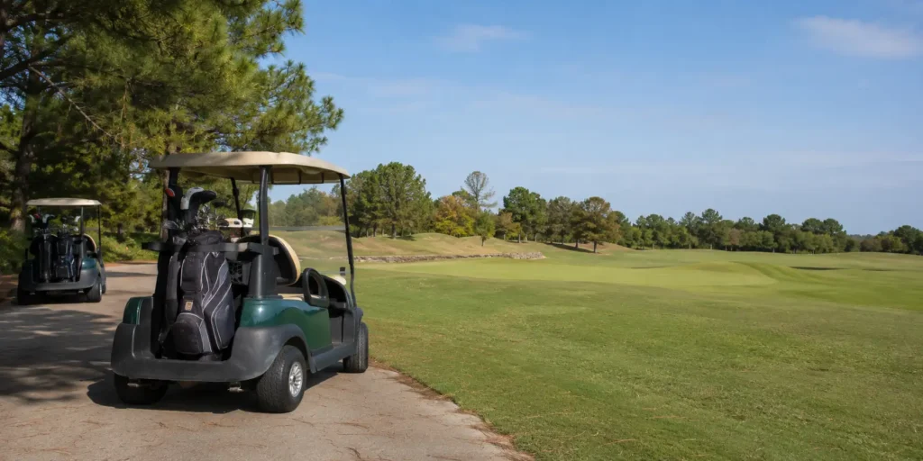 Real golf course vehicle application background with golf carts on a golf course, no battery product shown