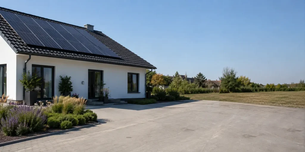 Real residential solar home energy storage application background with a modern house and rooftop solar panels, no battery product shown
