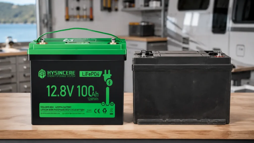Hysincere 12V 100Ah LiFePO4 battery compared with a traditional lead-acid battery in a workshop setting