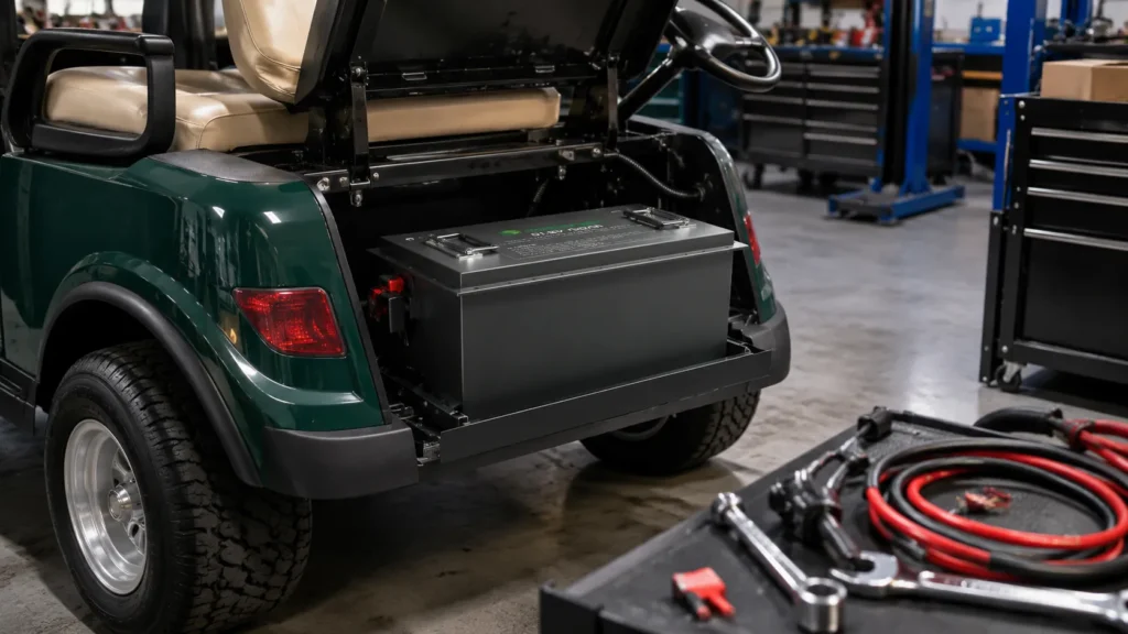 Hysincere golf cart lithium battery upgrade scene with tools and wiring in a service workshop