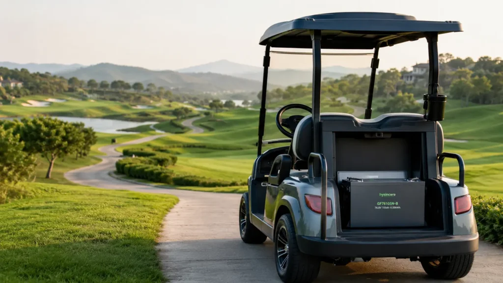 Golf cart with Hysincere 72V lithium battery on a scenic golf course path
