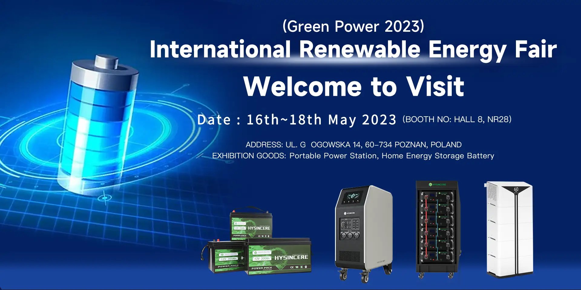 Hysincere Battery showcasing lithium energy storage solutions at the 2023 Poznan Renewable Energy Exhibition in Poland