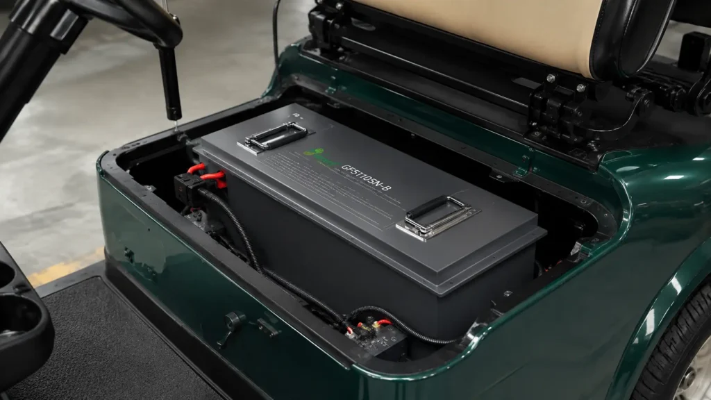 Hysincere golf cart lithium battery installed with visible wiring and cable connections