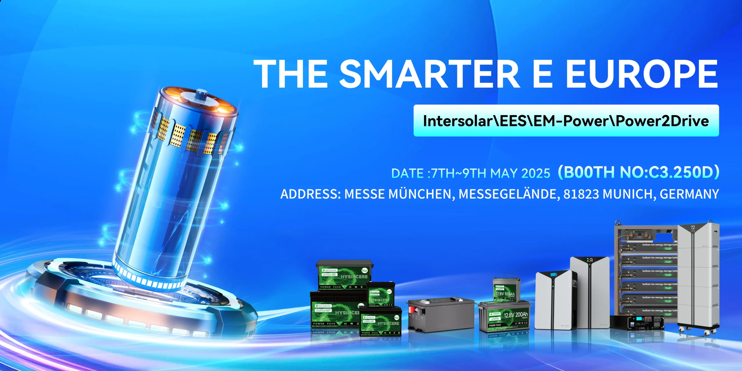 HYSINCERE booth showcasing advanced lithium and sodium battery solutions at Intersolar Europe 2025 in Munich