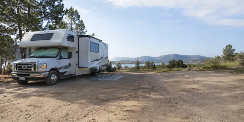 Real RV living power application background at an outdoor campsite, no battery product shown