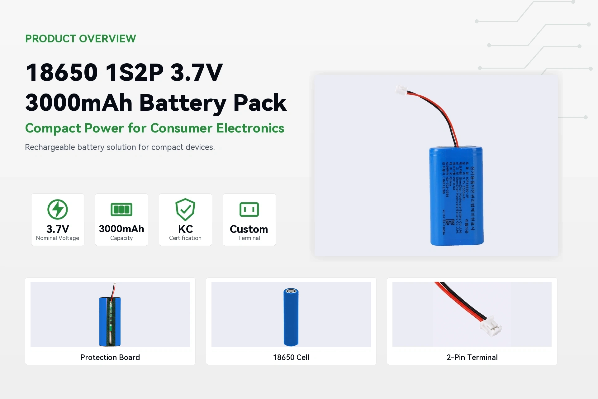 HYSINCERE 18650 1S2P 3000mAh product overview detail image