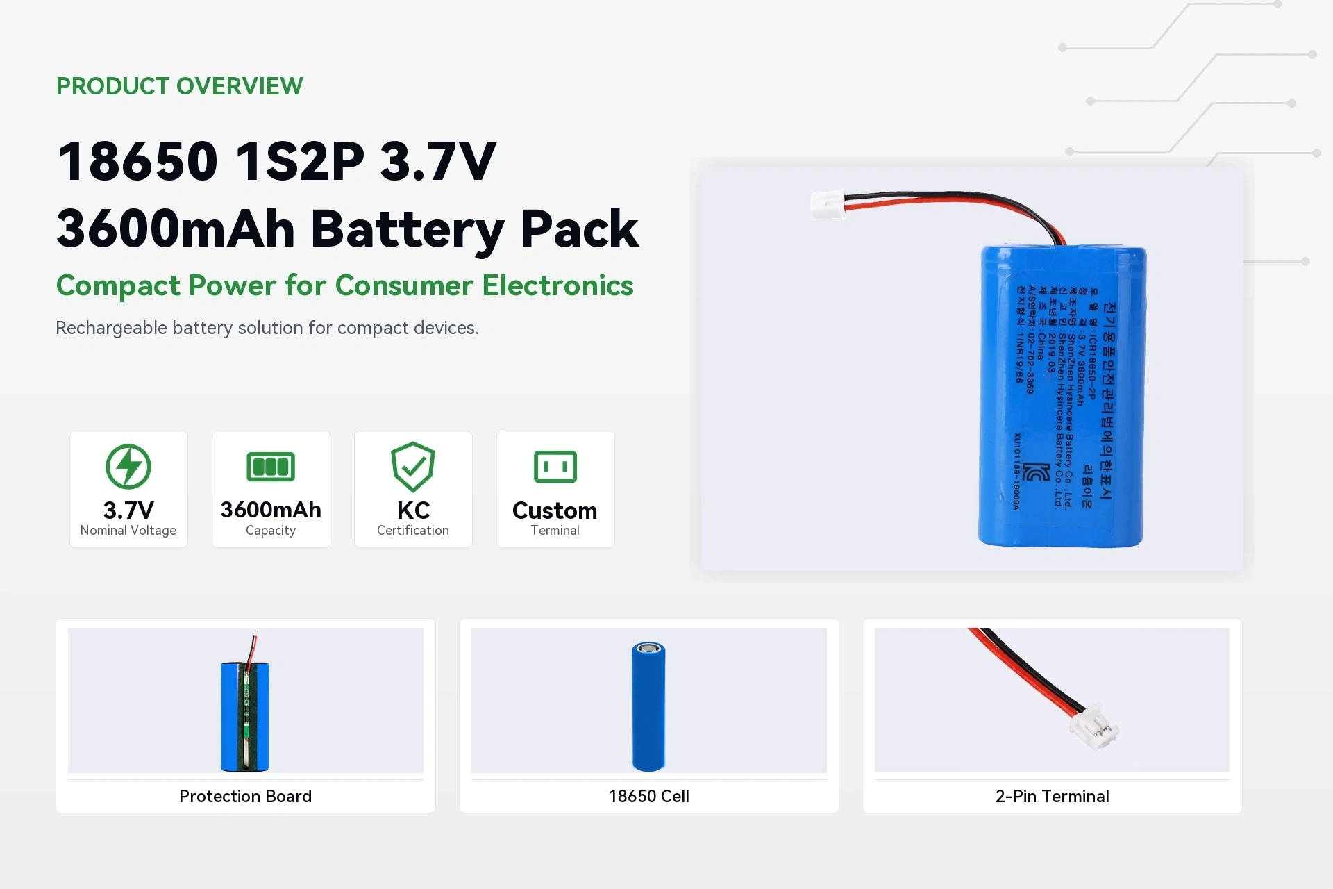 HYSINCERE 18650 1S2P 3600mAh product overview detail image