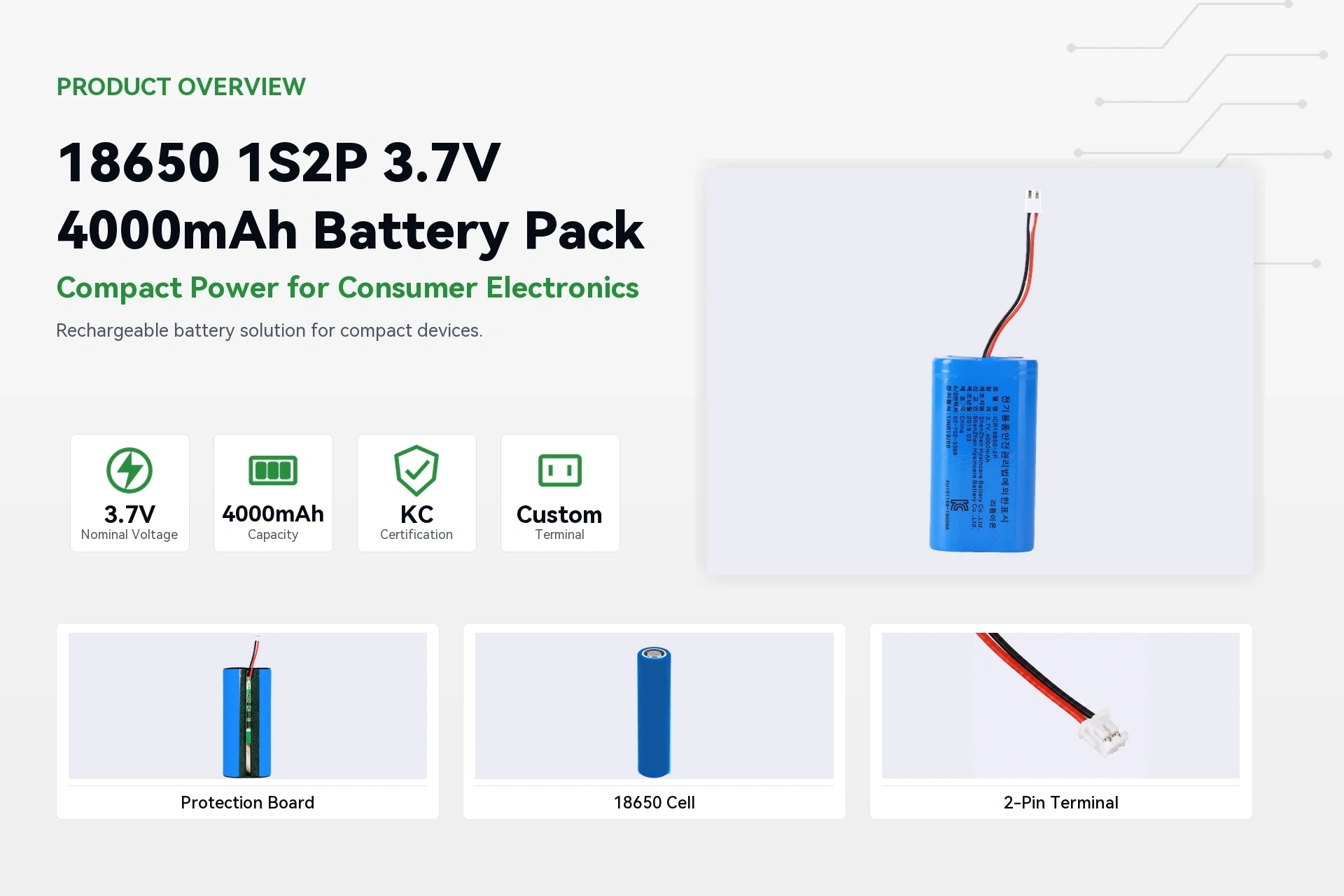 HYSINCERE 18650 1S2P 4000mAh product overview detail image