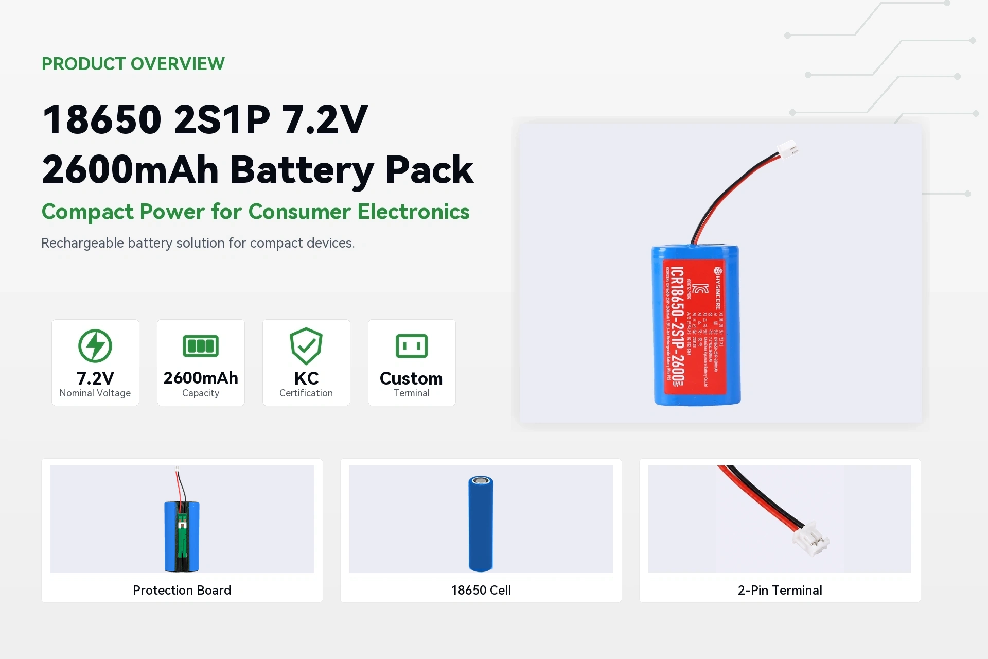 HYSINCERE 18650 2S1P 2600mAh product overview detail image