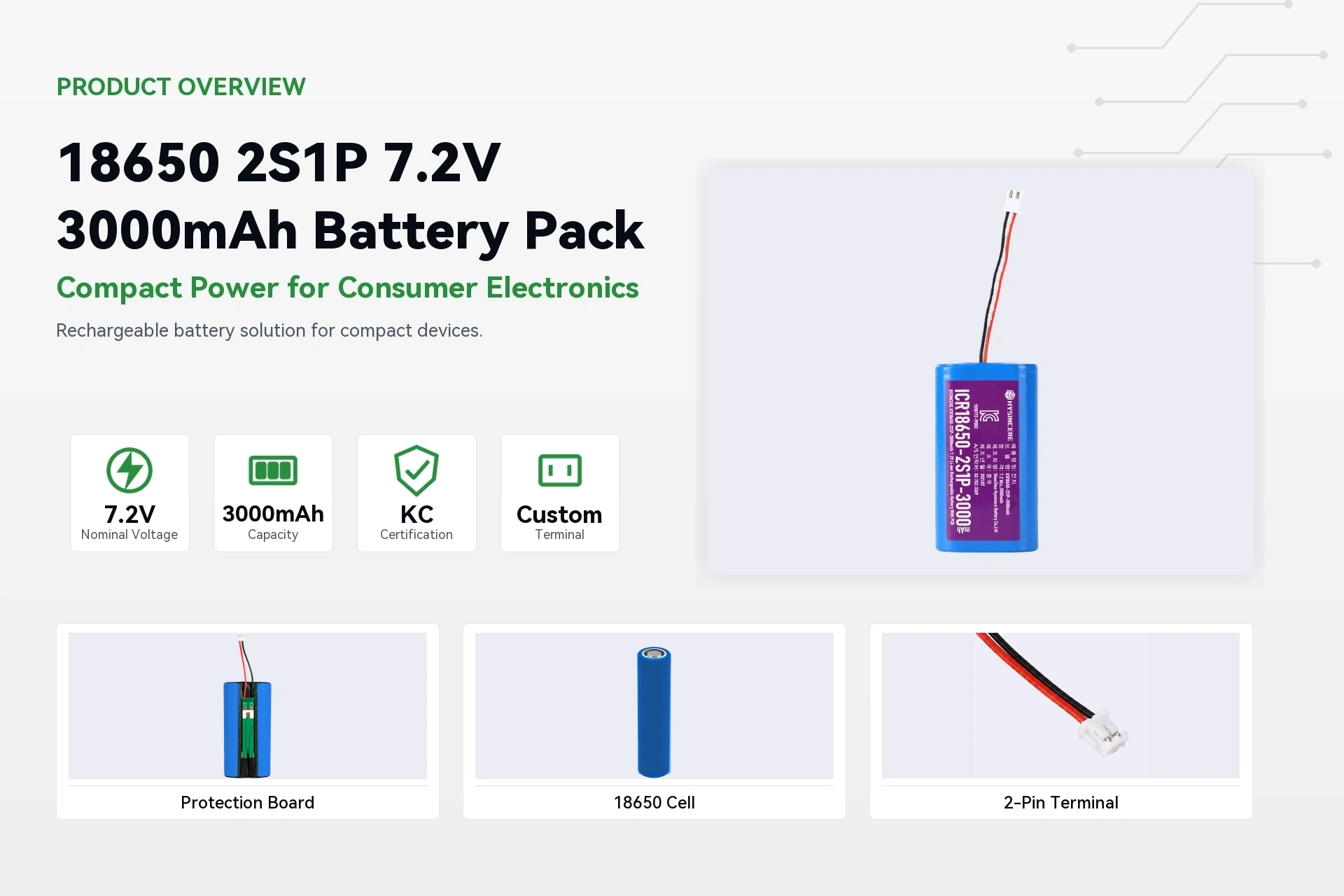 HYSINCERE 18650 2S1P 3000mAh product overview detail image