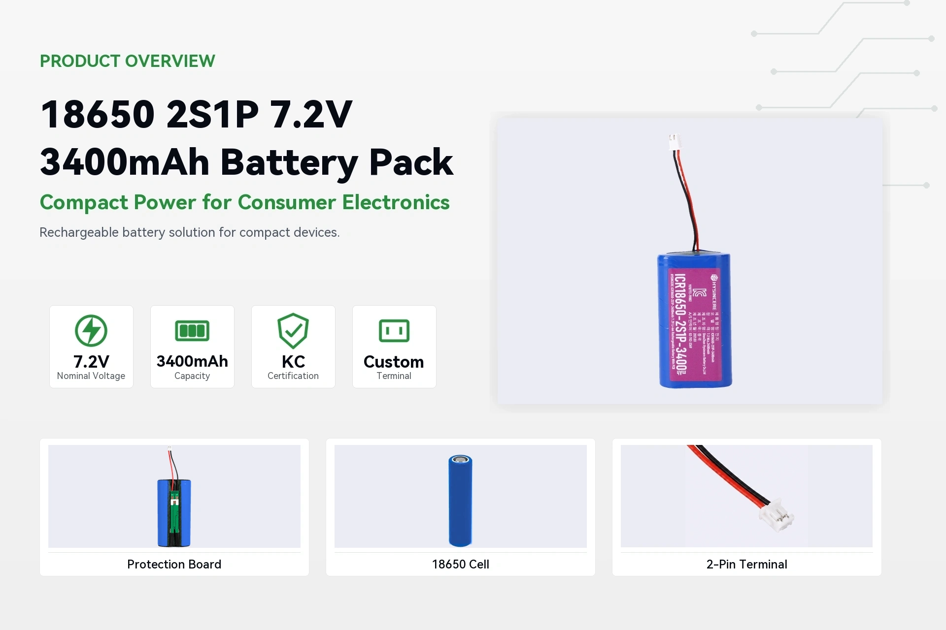 HYSINCERE 18650 2S1P 3400mAh product overview detail image