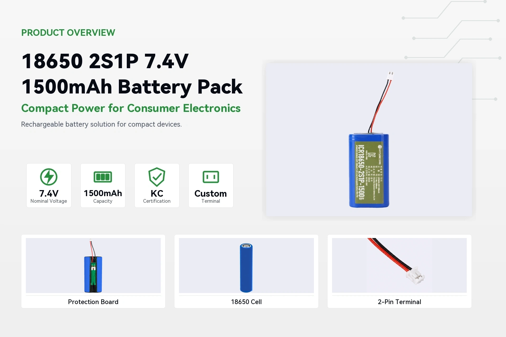 HYSINCERE 18650 2S1P 1500mAh product overview detail image