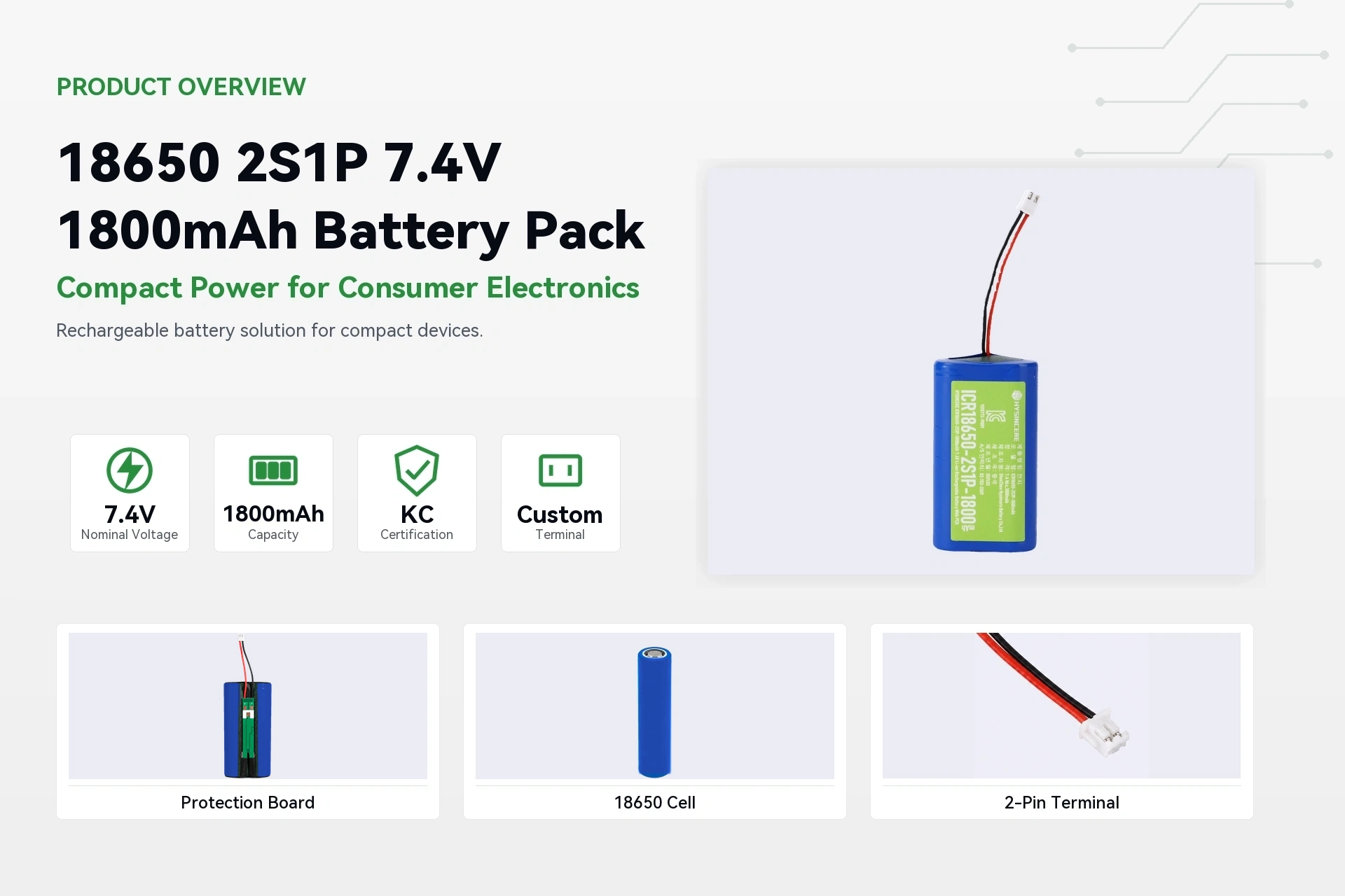 HYSINCERE 18650 2S1P 1800mAh product overview detail image