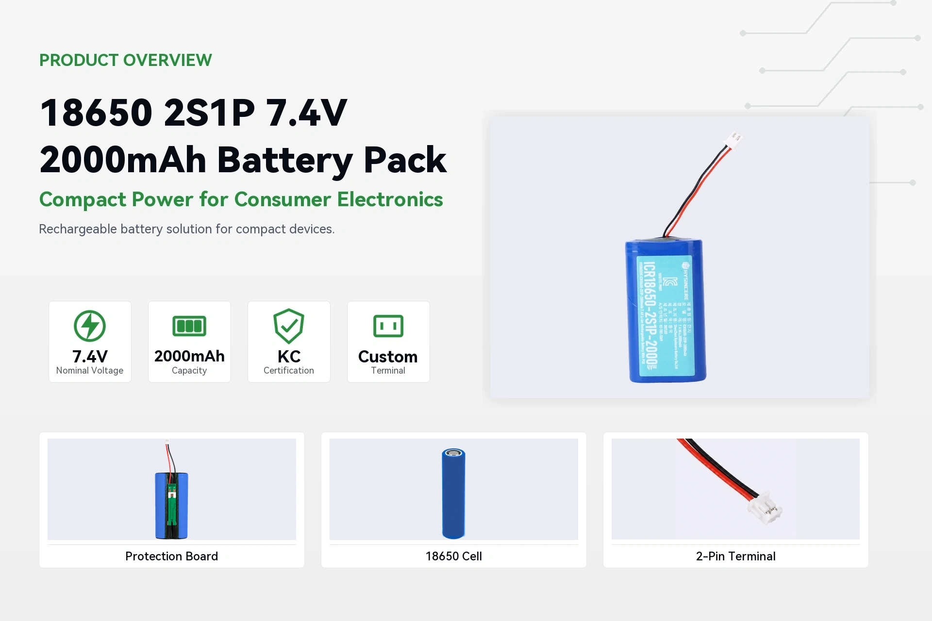 HYSINCERE 18650 2S1P 2000mAh product overview detail image