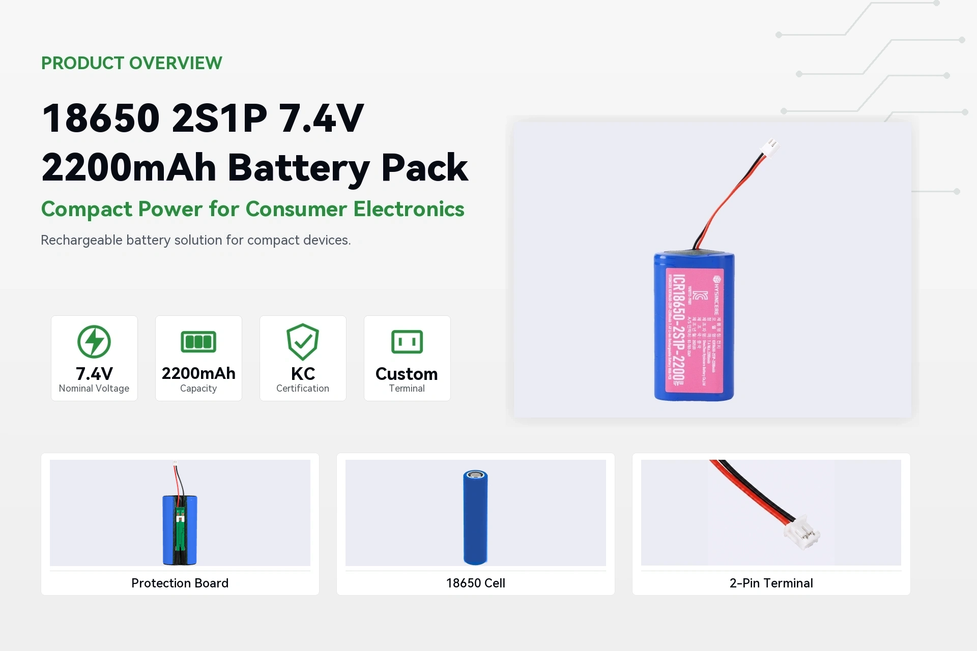 HYSINCERE 18650 2S1P 2200mAh product overview detail image