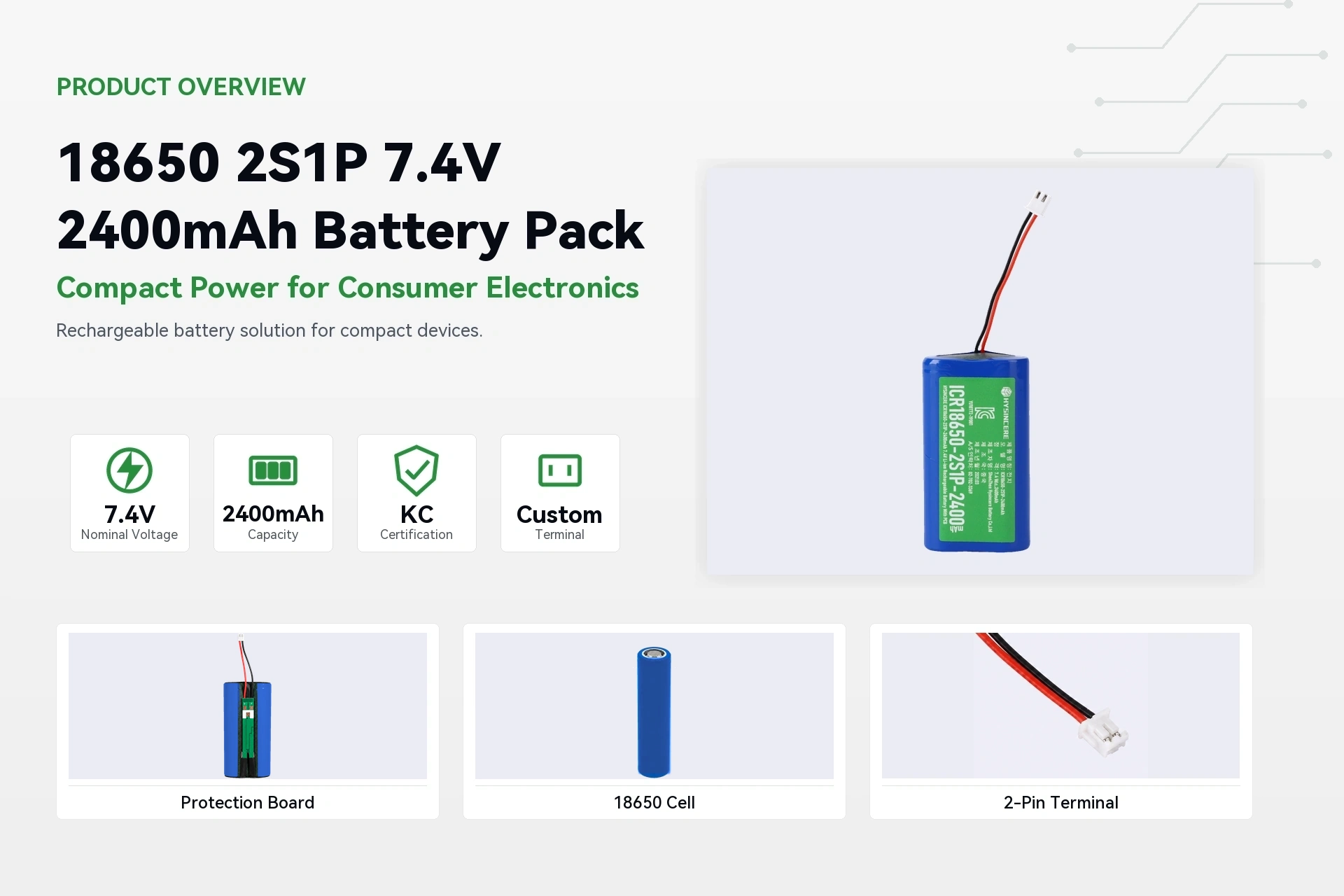 HYSINCERE 18650 2S1P 2400mAh product overview detail image