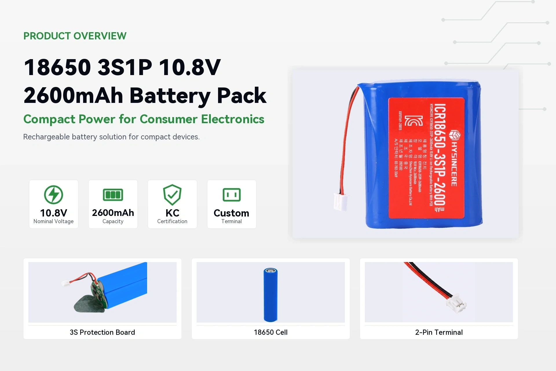 HYSINCERE 18650 3S1P 2600mAh product overview detail image