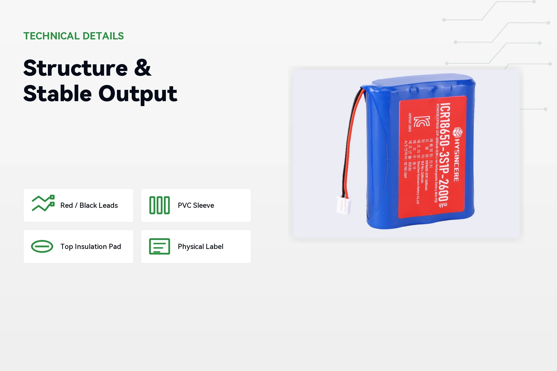 HYSINCERE 18650 3S1P 2600mAh battery structure and performance detail image
