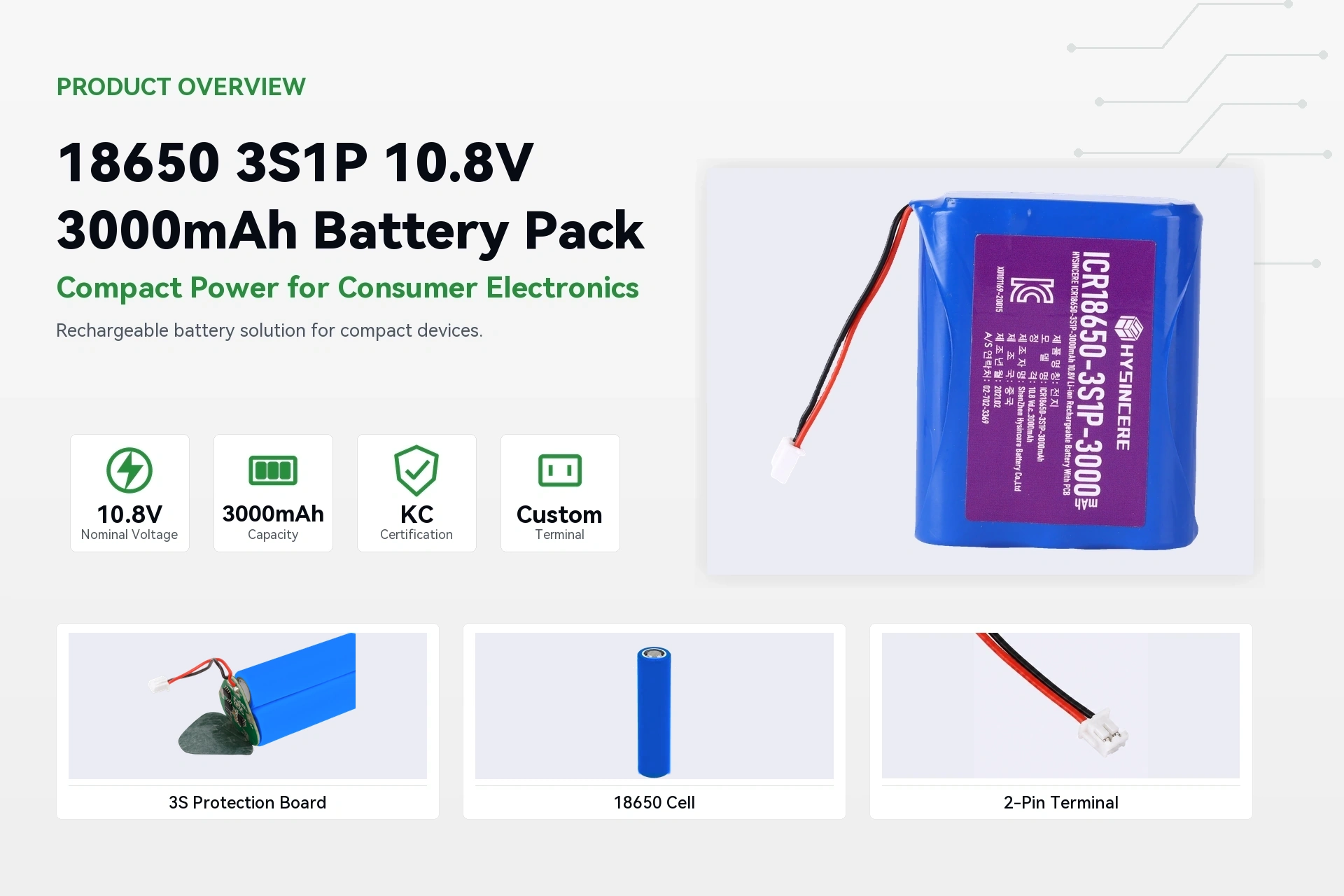 HYSINCERE 18650 3S1P 3000mAh product overview detail image