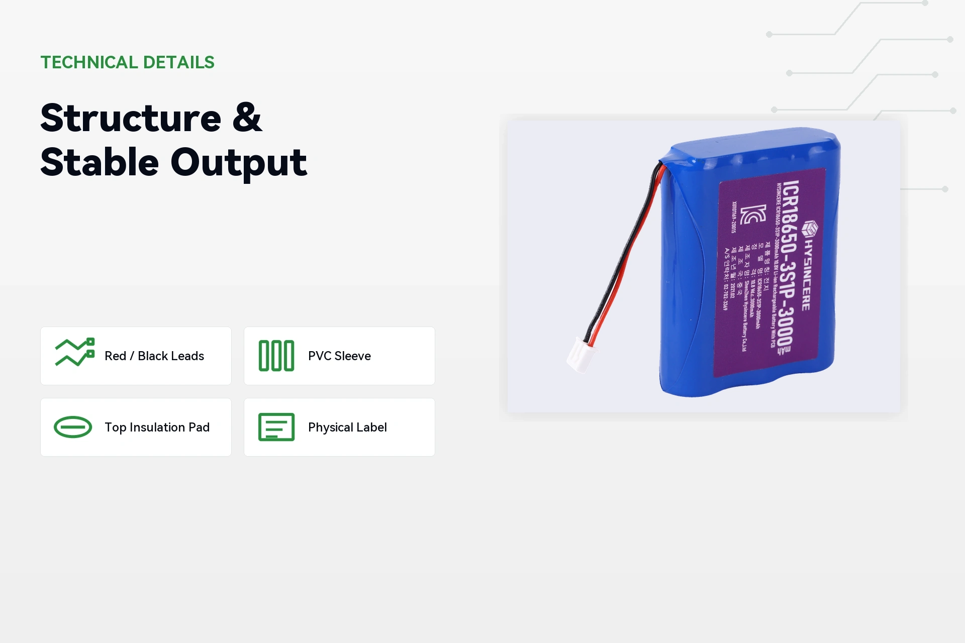 HYSINCERE 18650 3S1P 3000mAh battery structure and performance detail image