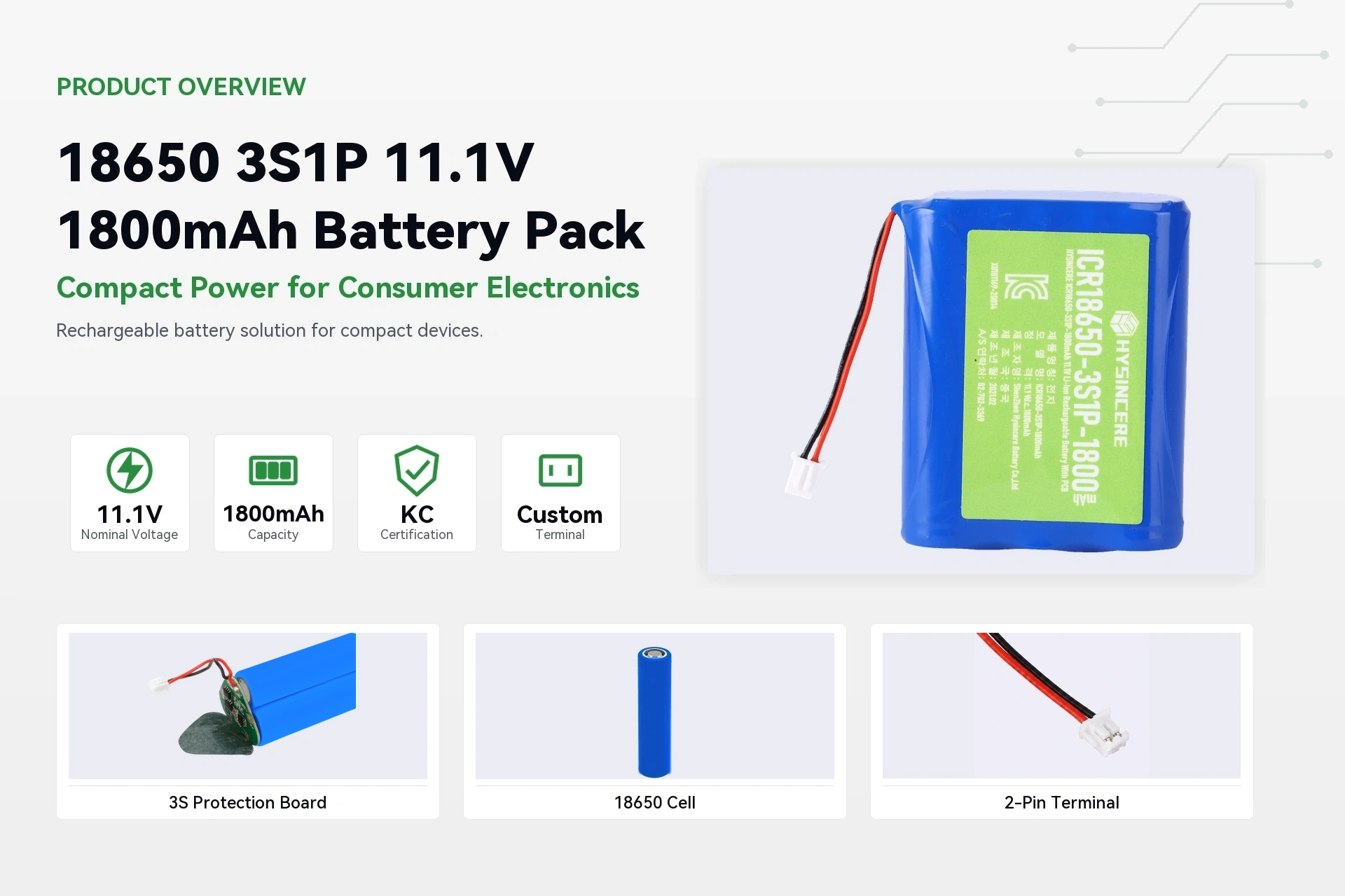 HYSINCERE 18650 3S1P 1800mAh product overview detail image
