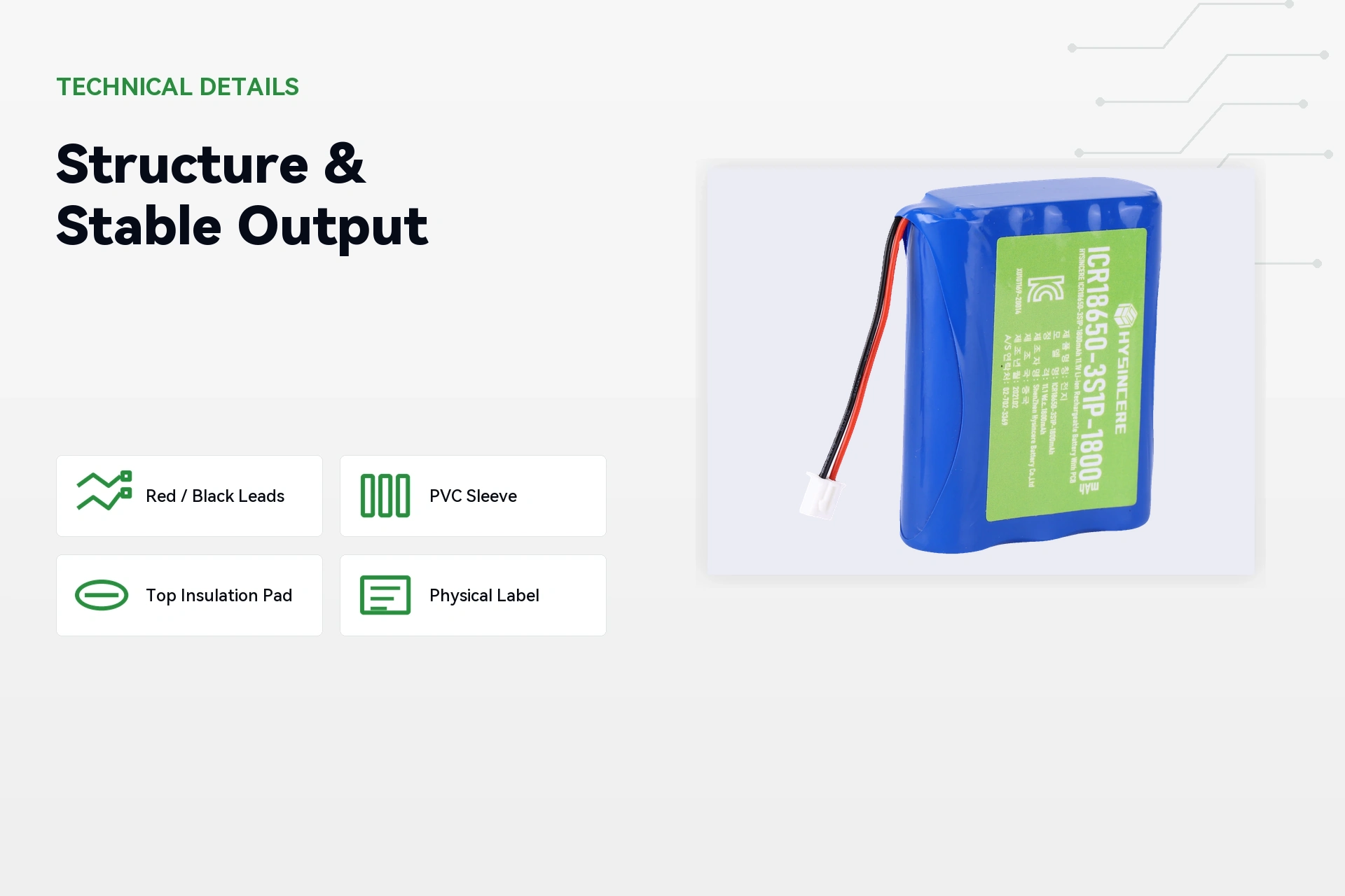 HYSINCERE 18650 3S1P 1800mAh battery structure and performance detail image