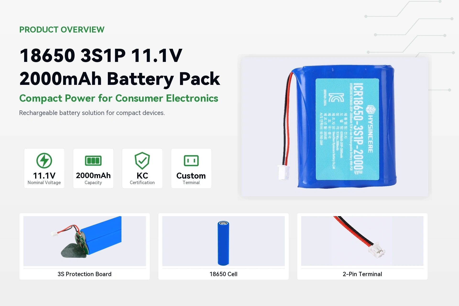 HYSINCERE 18650 3S1P 2000mAh product overview detail image