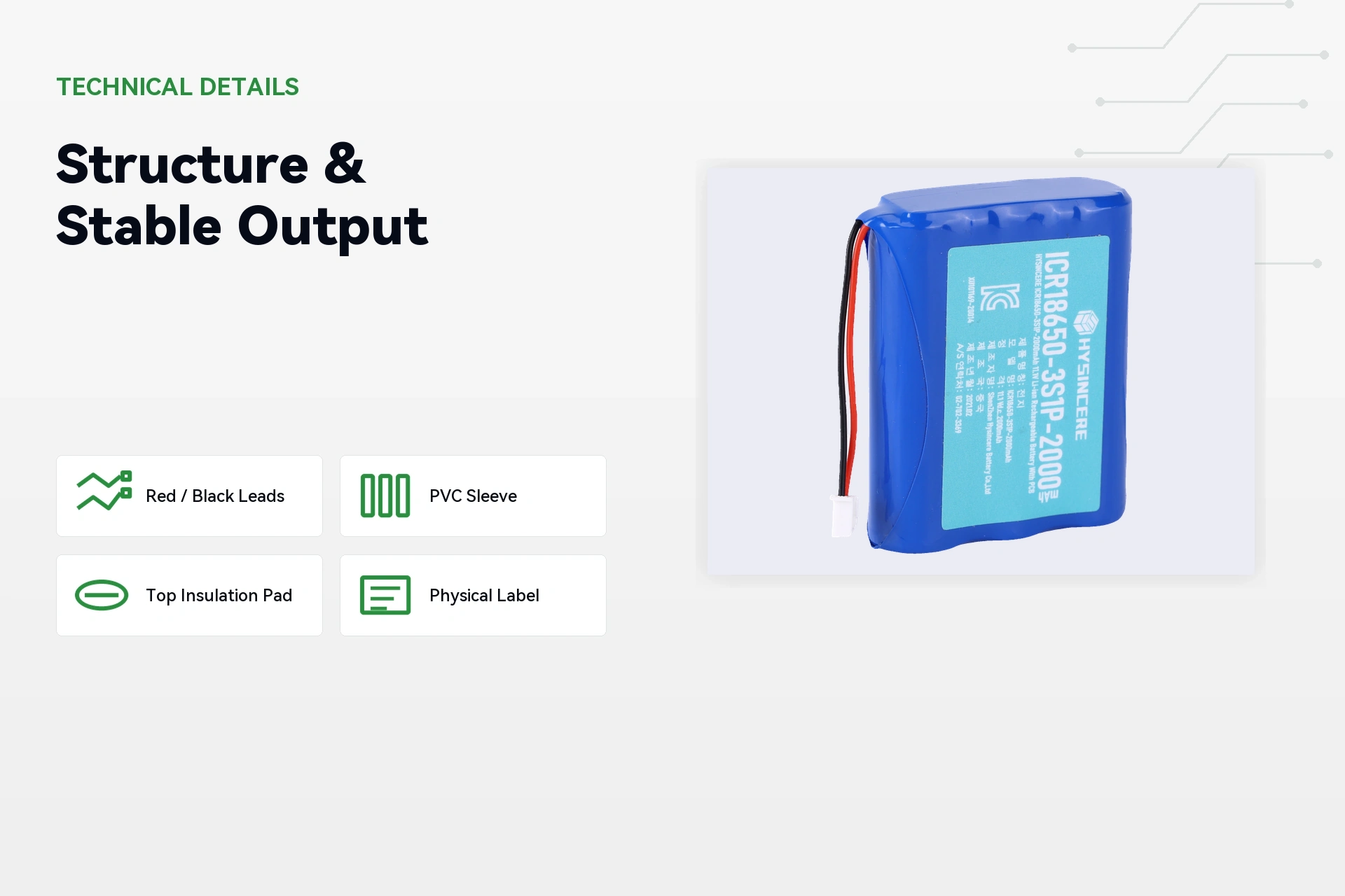 HYSINCERE 18650 3S1P 2000mAh battery structure and performance detail image