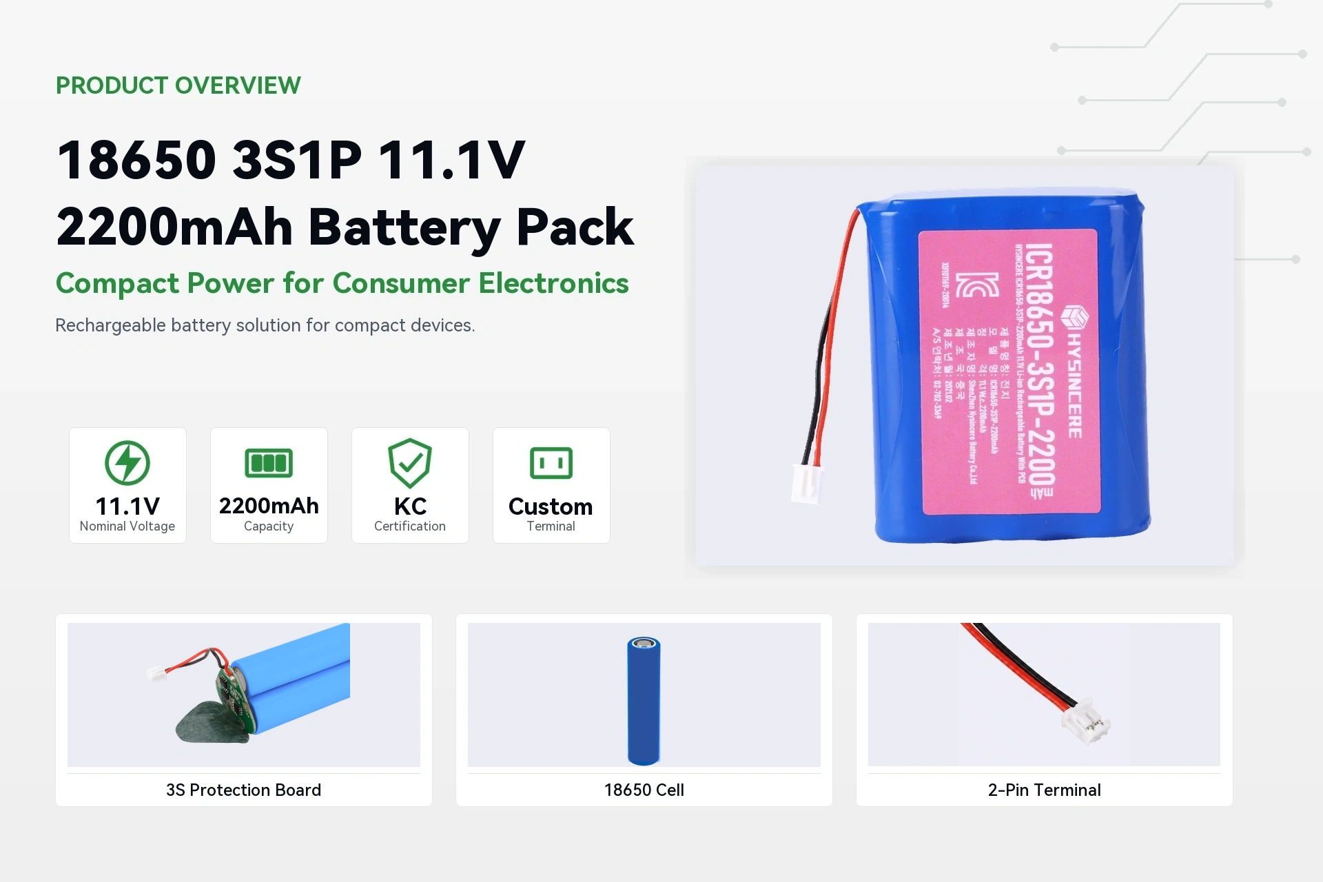 HYSINCERE 18650 3S1P 2200mAh product overview detail image