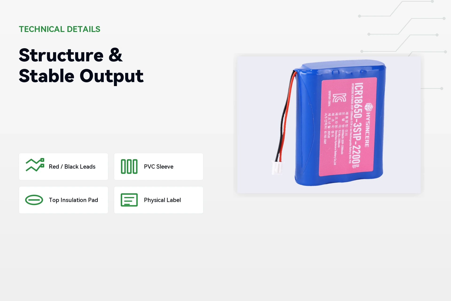HYSINCERE 18650 3S1P 2200mAh battery structure and performance detail image