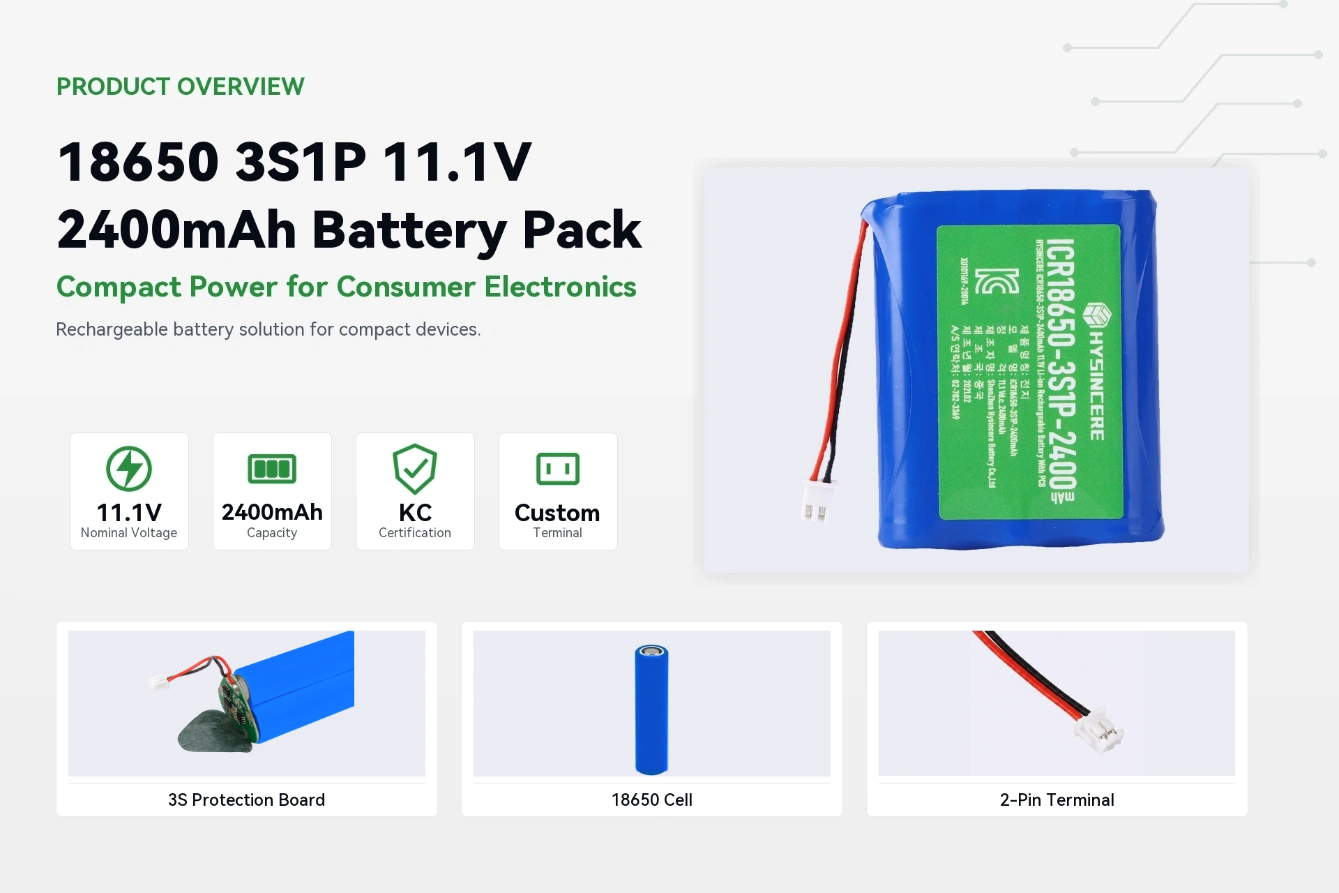 HYSINCERE 18650 3S1P 2400mAh product overview detail image
