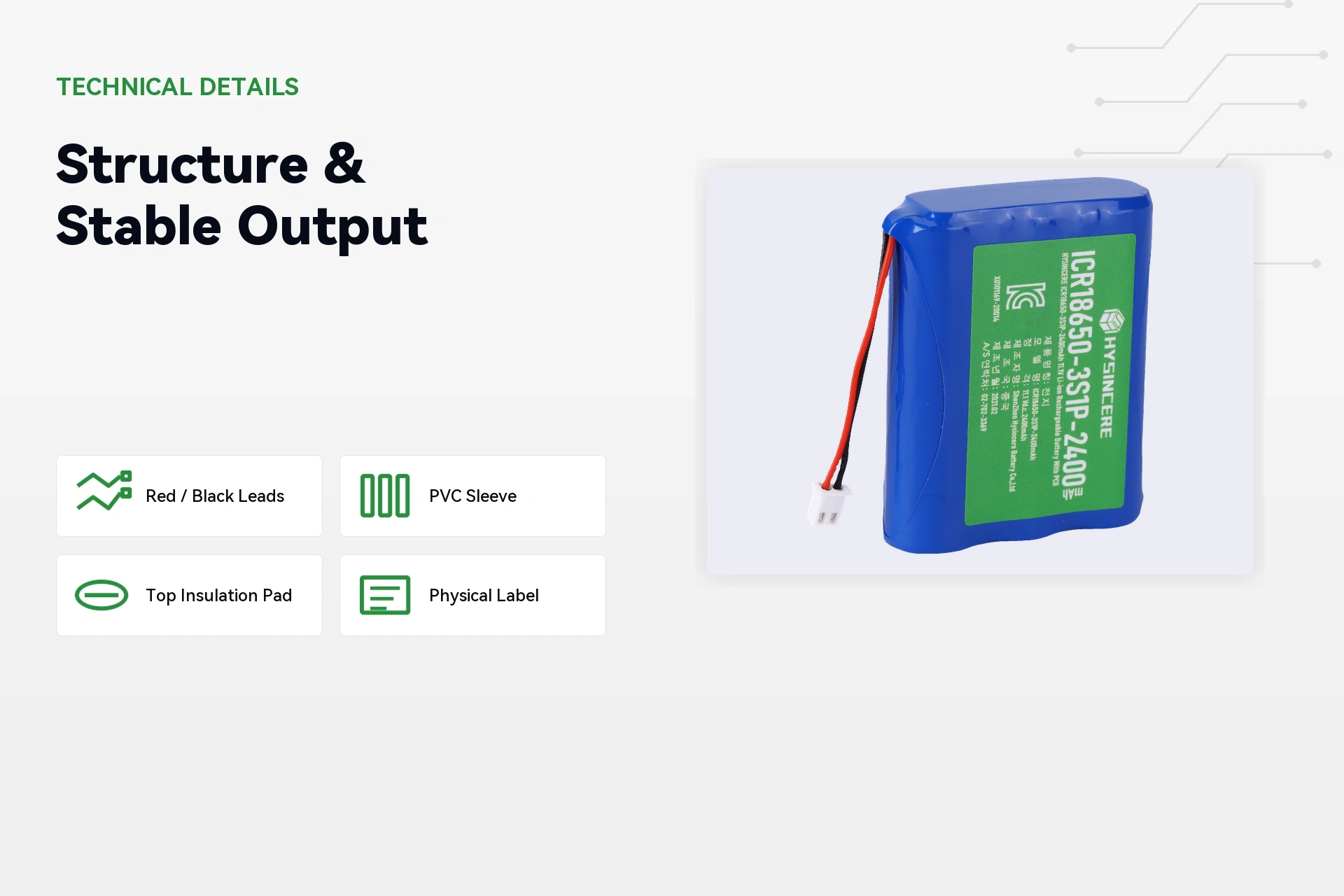 HYSINCERE 18650 3S1P 2400mAh battery structure and performance detail image
