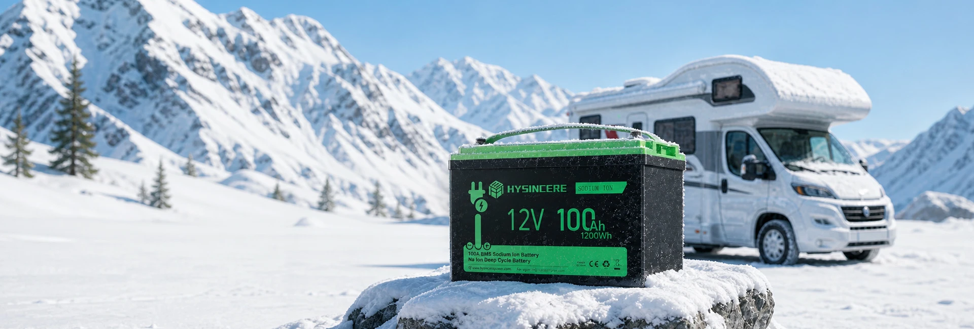 海芯 12V 100Ah 钠离子房车电池在雪山低温环境中为房车和户外储能提供稳定电力。