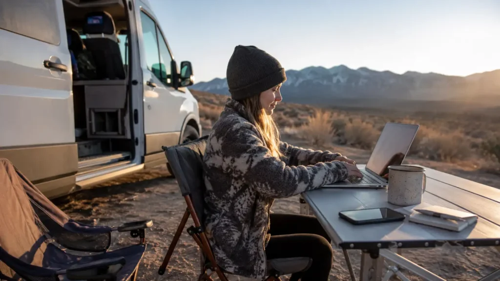 Realistic camper van remote work scene for a Hysincere article about working remotely on the road.
