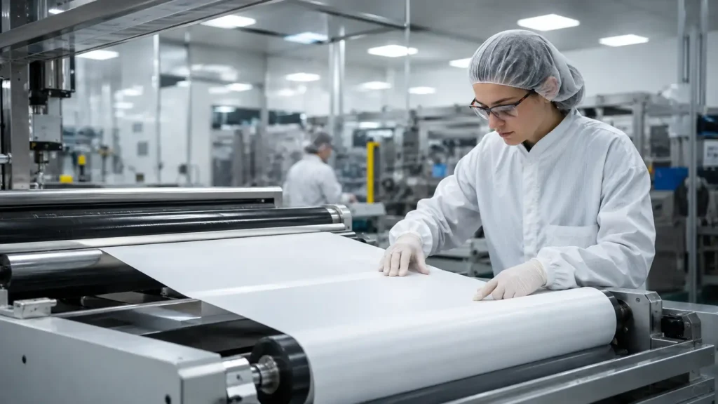 Realistic cleanroom separator film production image for a Hysincere article about lithium battery separators.