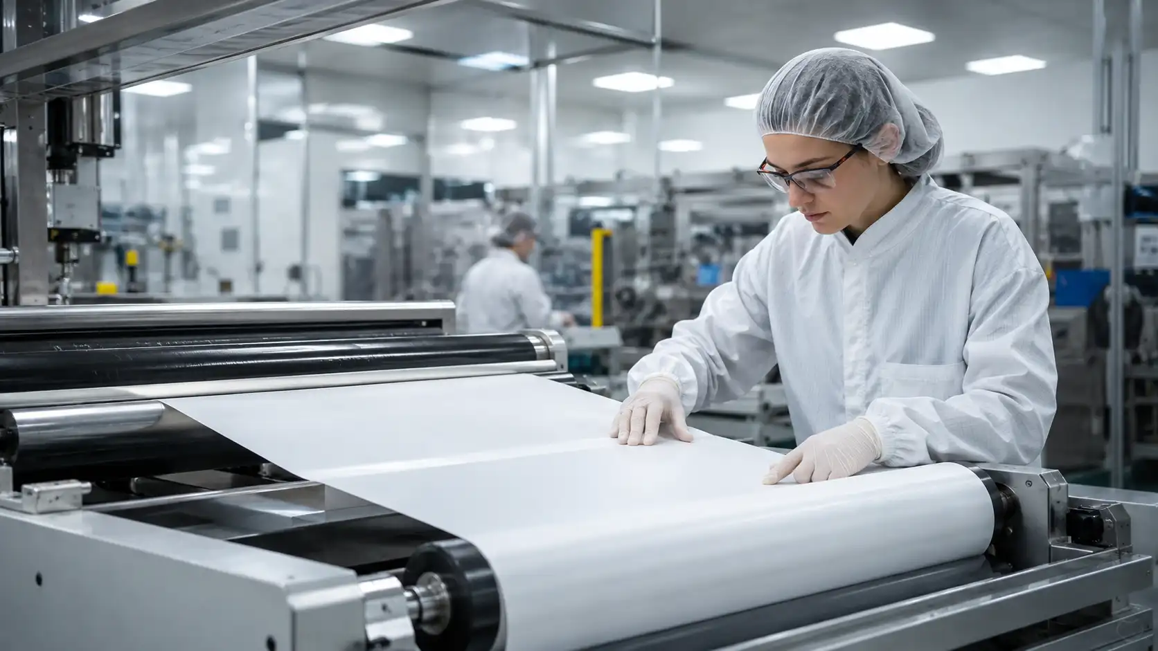 Realistic cleanroom separator film production image for a Hysincere article about lithium battery separators.