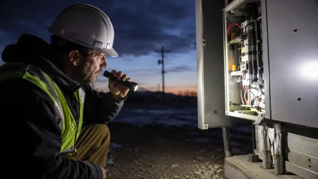 Realistic nighttime field technician image using a flashlight for a Hysincere B2B guide about 21700 flashlight batteries.