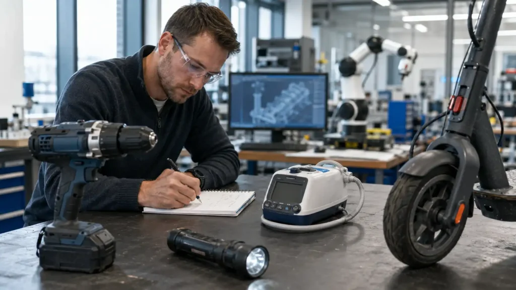Realistic modern engineering lab image for a Hysincere B2B guide about choosing the right 21700 Li-ion battery.