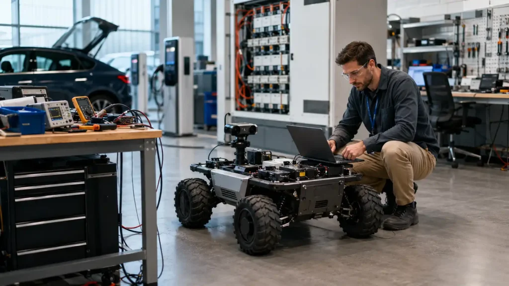 Realistic robotics and engineering lab image for a Hysincere blog article comparing Panasonic NCR18650GA and NCR18650B batteries.