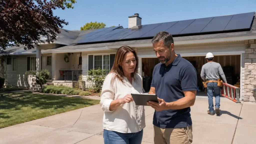 Realistic residential solar consultation image for a Hysincere article about solar panel cost and installation planning.