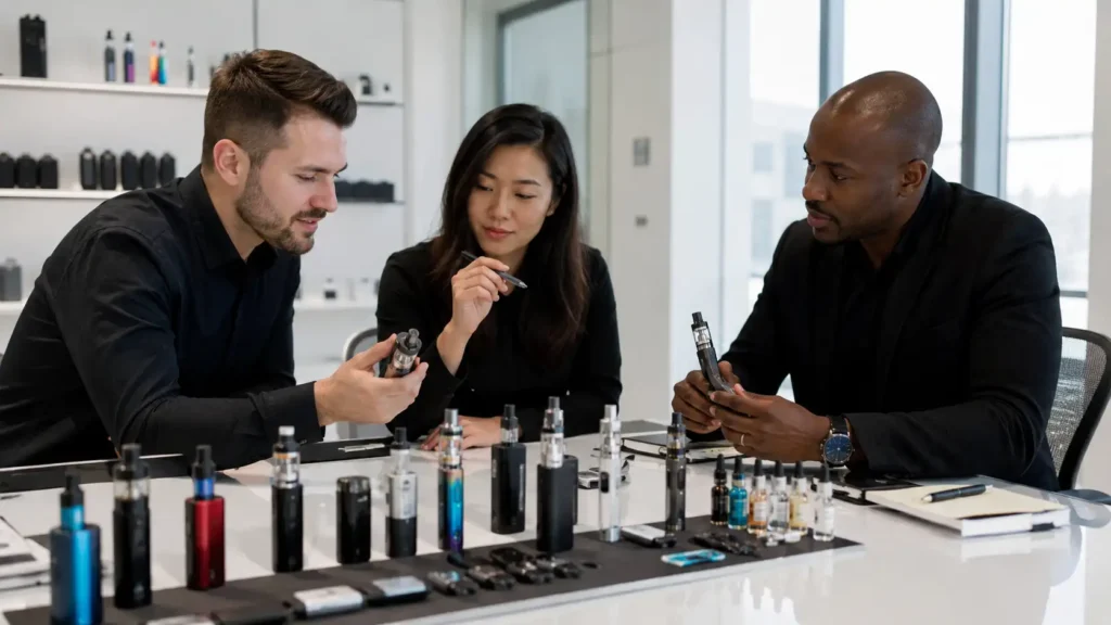 Realistic adult vape product sourcing scene for a Hysincere B2B guide about choosing 18650 vape batteries.