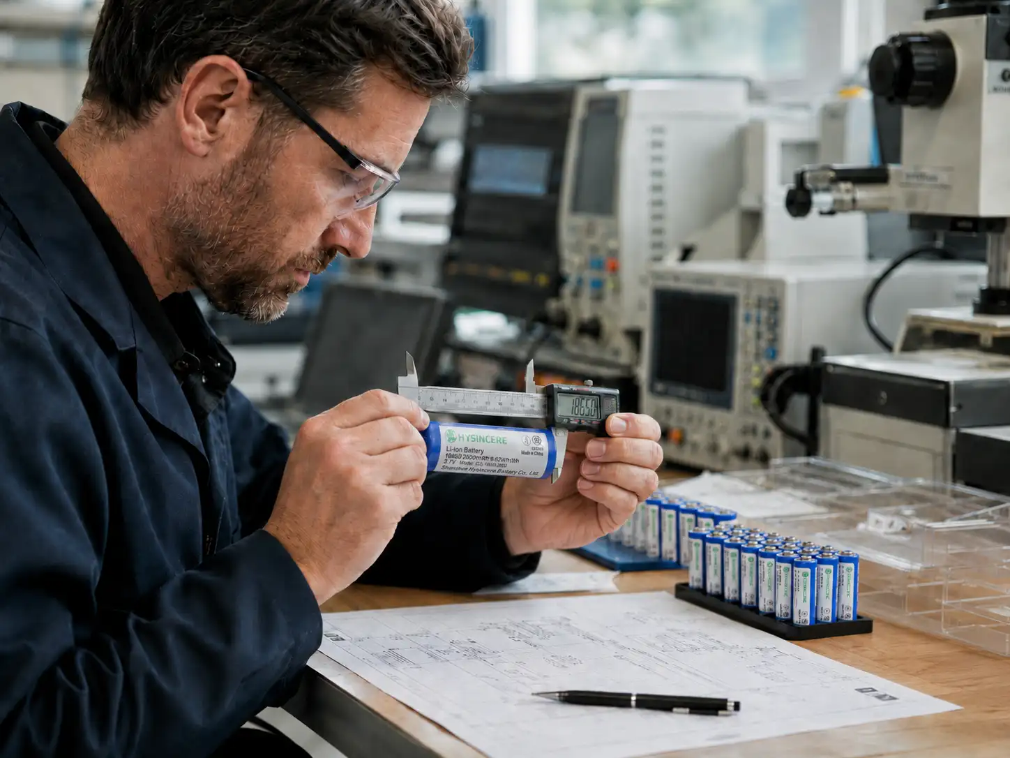 Realistic quality control lab image for a Hysincere article about identifying rechargeable batteries according to IEC standards.