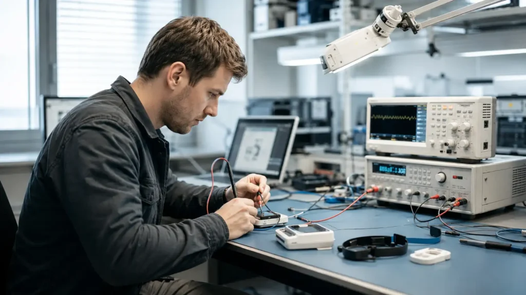 Realistic engineering lab image for a Hysincere article about key technical parameters of soft pack lithium batteries.