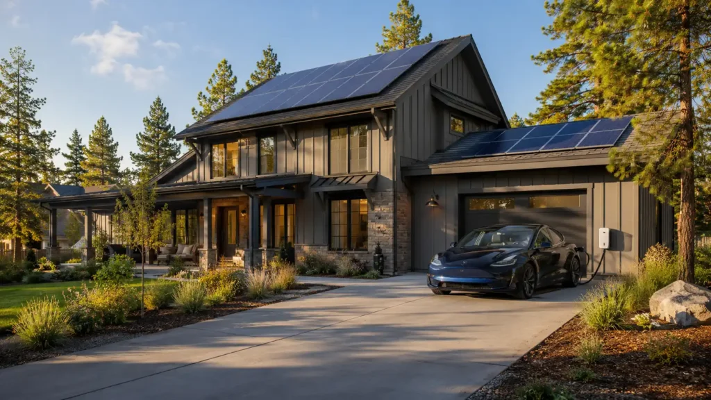 Realistic solar home and EV charging image for a Hysincere article comparing LiFePO4 and ternary lithium batteries.