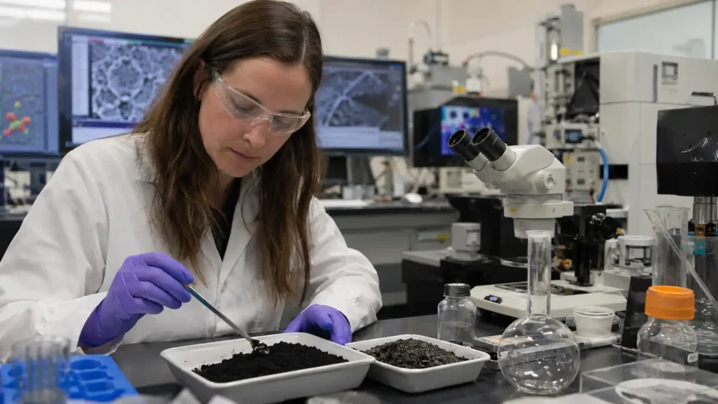 Realistic carbon materials research lab image for a Hysincere article about soft carbon and hard carbon negative electrodes.
