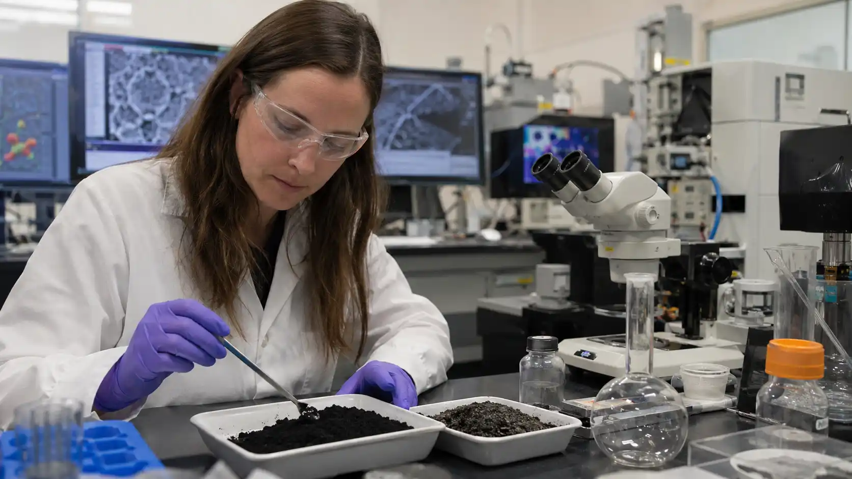 Realistic carbon materials research lab image for a Hysincere article about soft carbon and hard carbon negative electrodes.