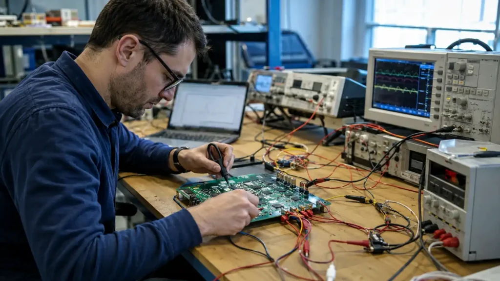 Realistic electronics lab image for a Hysincere article about parallel equalization charging methods for lithium battery packs.