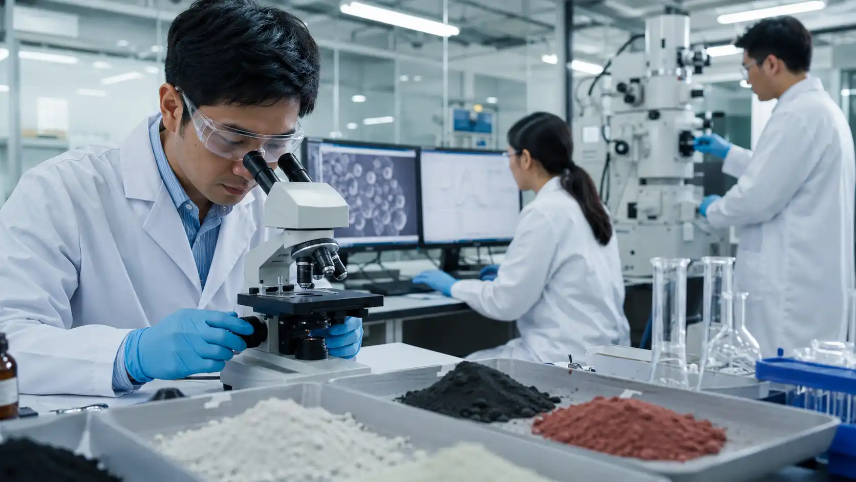 Realistic materials science laboratory image for a Hysincere technical article about positive electrode materials for lithium-ion batteries.