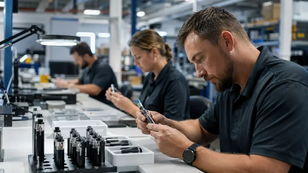 Realistic vape device production and quality inspection scene for a Hysincere B2B guide about 21700 vape batteries for OEMs.